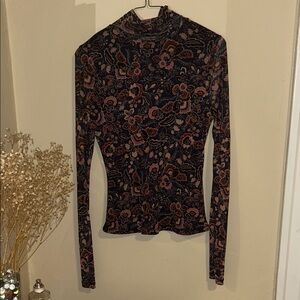 Evereve Tia Mesh Turtleneck Navy Floral Long Sleeve Top